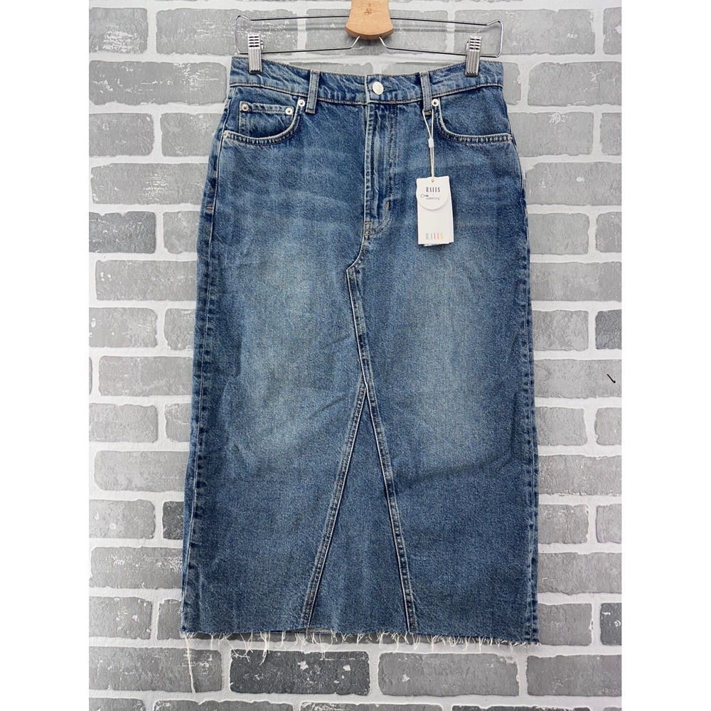 Rails Highland Denim Midi Skirt Blue Raw Hem High Waist Size 27 NEW
